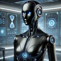 DALL·E 2024-12-15 11.34.29 - A sleek, humanoid AI robot standing in a futuristic control room. Its chassis is made of glossy, dark metallic plates with subtle neon-blue circuits p